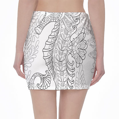 Black And White Seahorse Print Pencil Mini Skirt