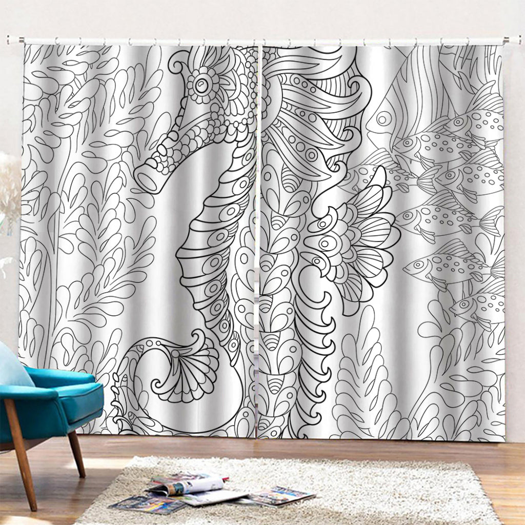 Black And White Seahorse Print Pencil Pleat Curtains