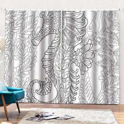 Black And White Seahorse Print Pencil Pleat Curtains