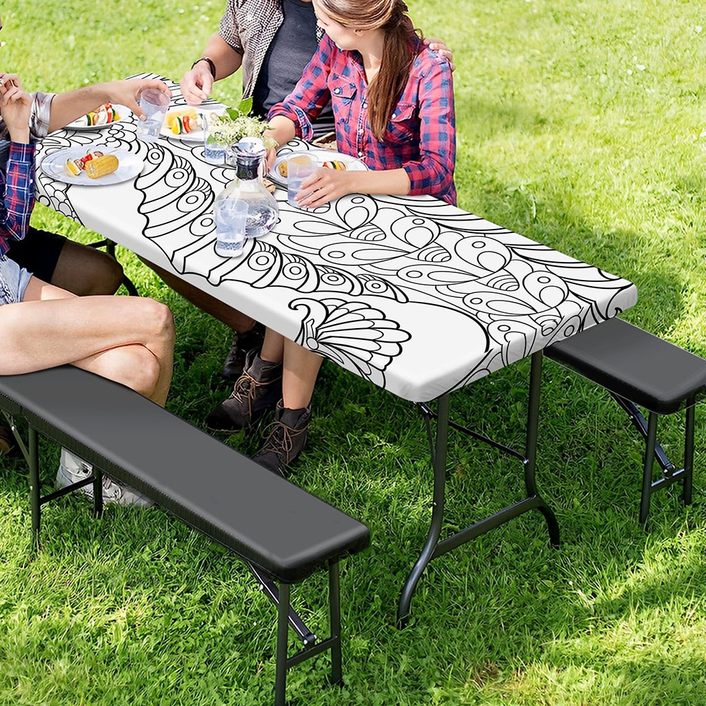 Black And White Seahorse Print Picnic Table Cover