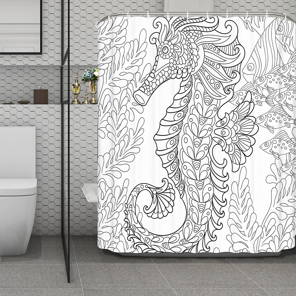 Black And White Seahorse Print Polyester Shower Curtain