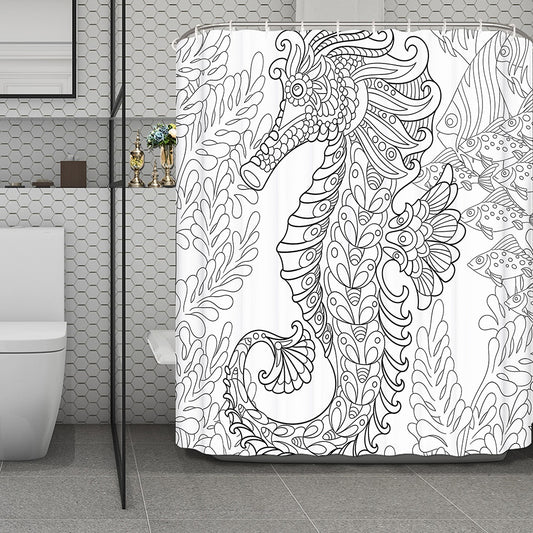 Black And White Seahorse Print Polyester Shower Curtain