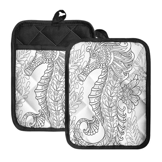 Black And White Seahorse Print Pot Holders With Pocket