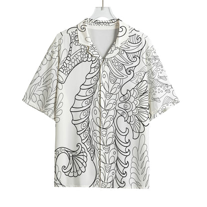 Black And White Seahorse Print Rayon Hawaiian Shirt