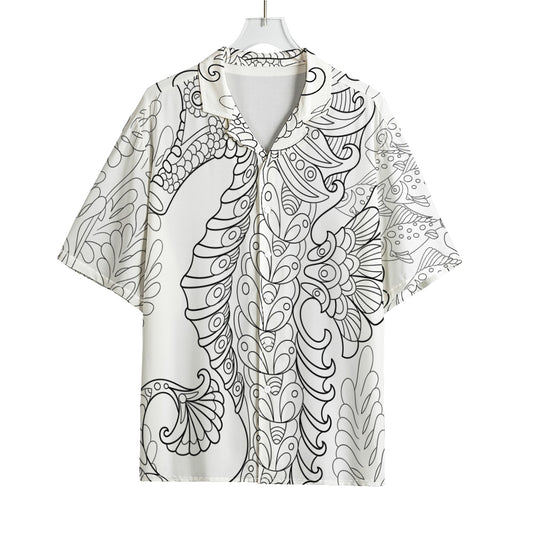 Black And White Seahorse Print Rayon Hawaiian Shirt