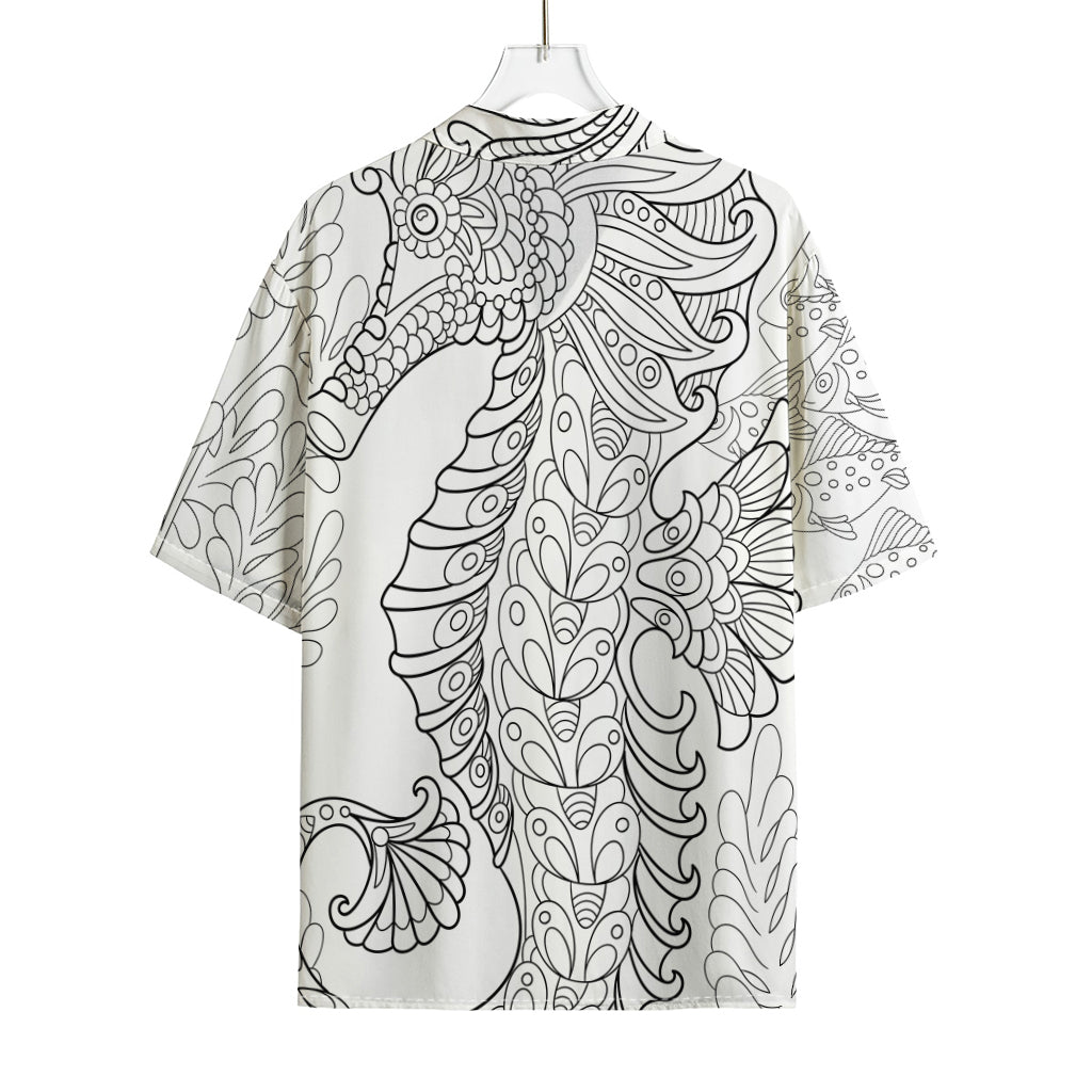 Black And White Seahorse Print Rayon Hawaiian Shirt