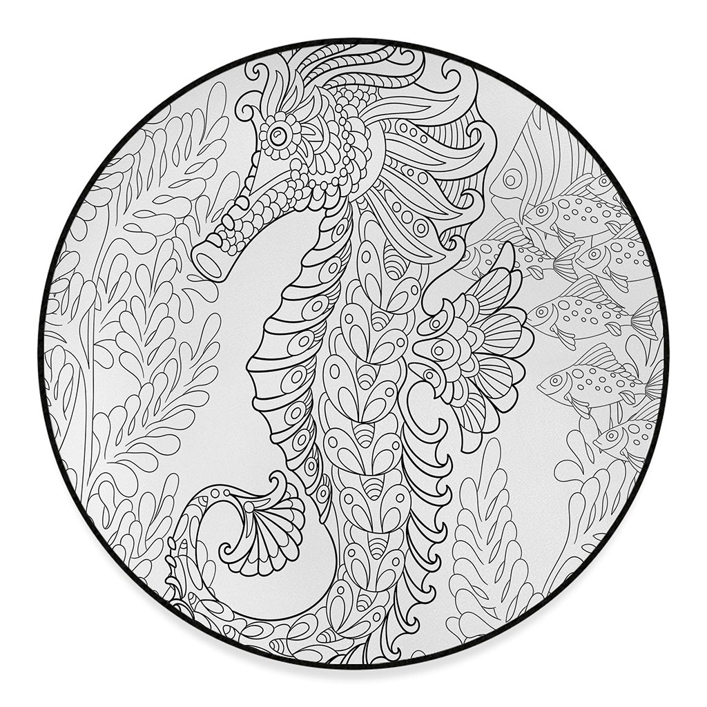 Black And White Seahorse Print Round Floor Mat