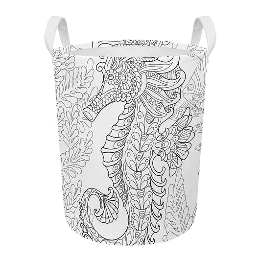 Black And White Seahorse Print Round Laundry Basket