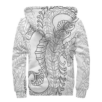 Black And White Seahorse Print Sherpa Lined Zip Up Hoodie