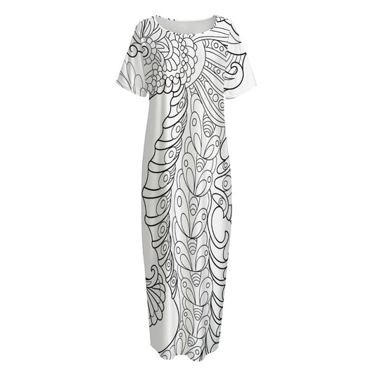 Black And White Seahorse Print Short Sleeve Long Nightdress