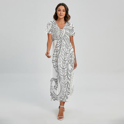 Black And White Seahorse Print Short Sleeve Maxi Dress