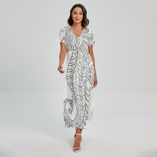 Black And White Seahorse Print Short Sleeve Maxi Dress
