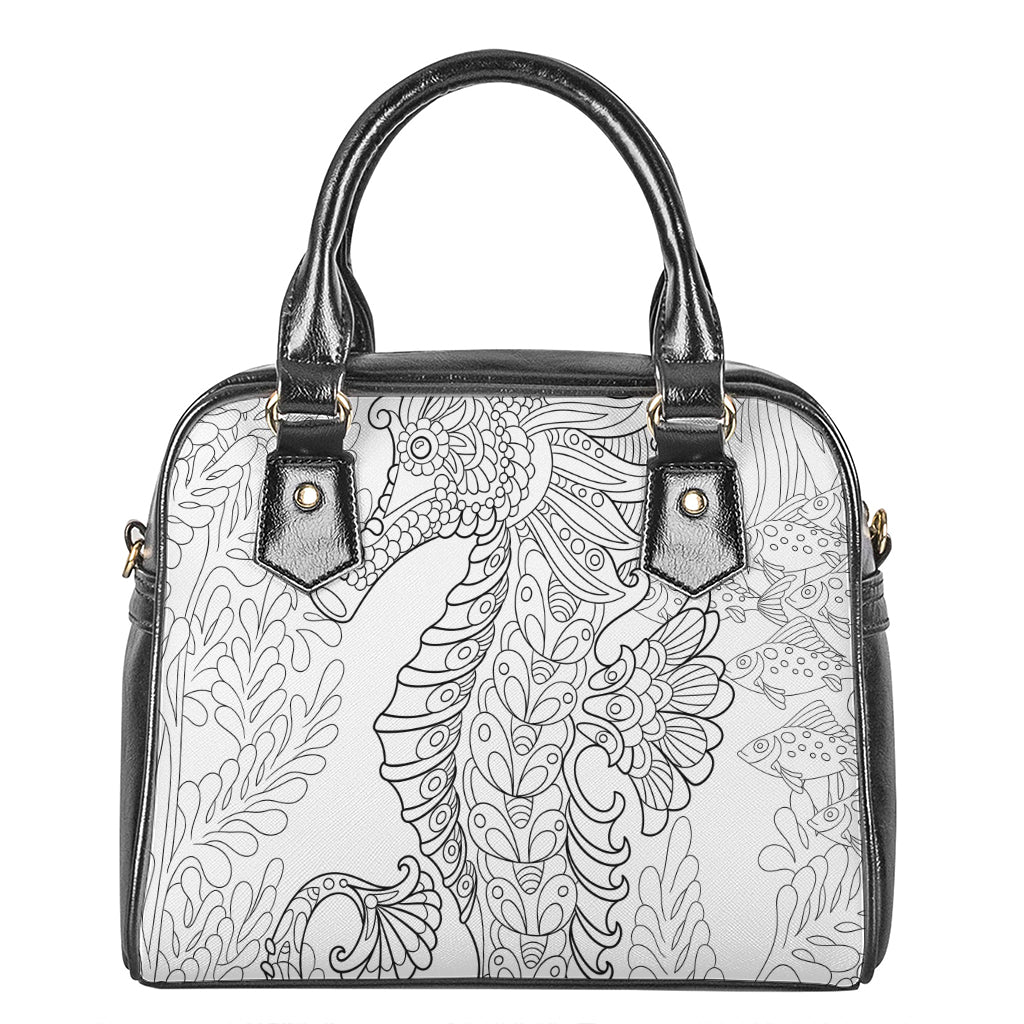 Black And White Seahorse Print Shoulder Handbag