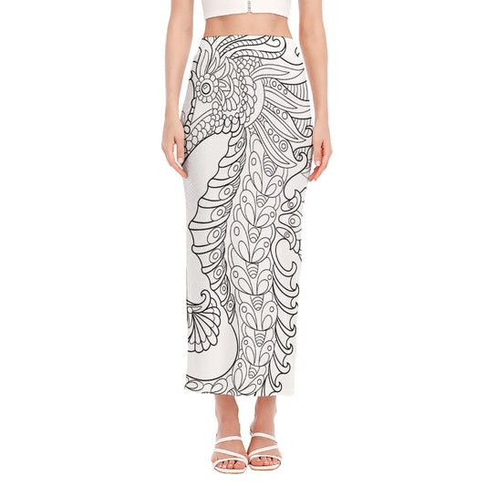 Black And White Seahorse Print Side Slit Maxi Skirt