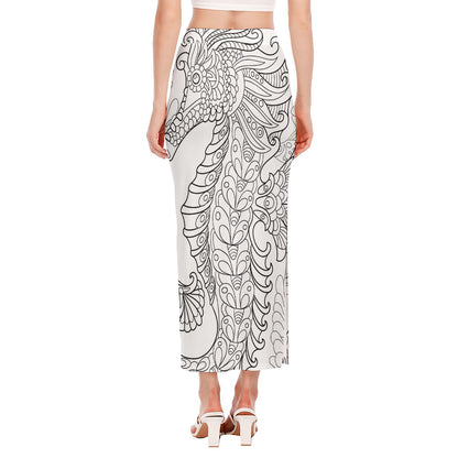 Black And White Seahorse Print Side Slit Maxi Skirt
