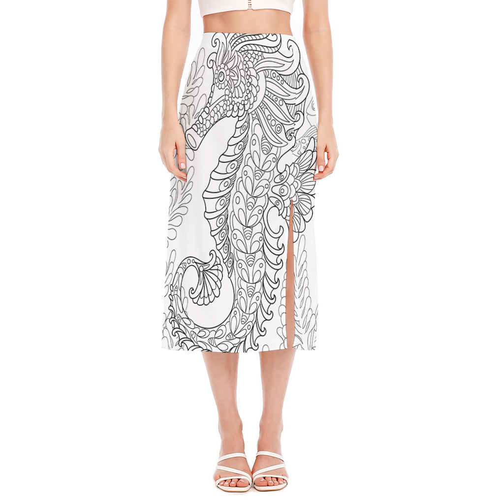 Black And White Seahorse Print Side Slit Midi Skirt
