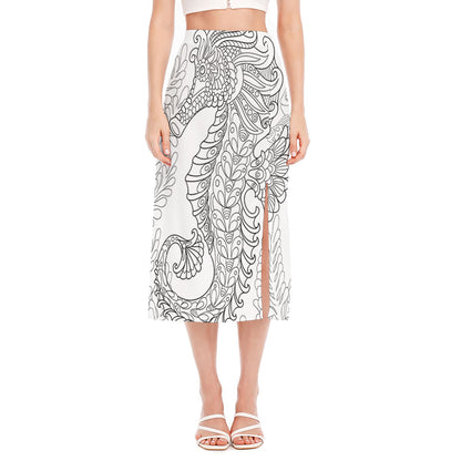 Black And White Seahorse Print Side Slit Midi Skirt