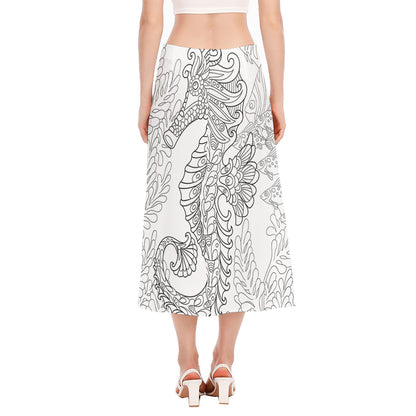 Black And White Seahorse Print Side Slit Midi Skirt