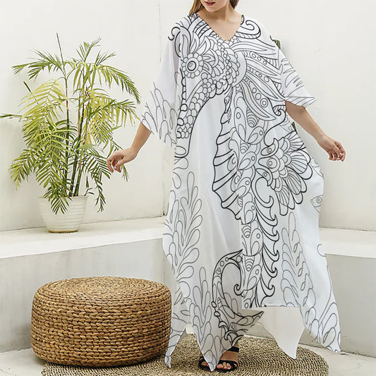 Black And White Seahorse Print Silk V-Neck Kaftan Dress