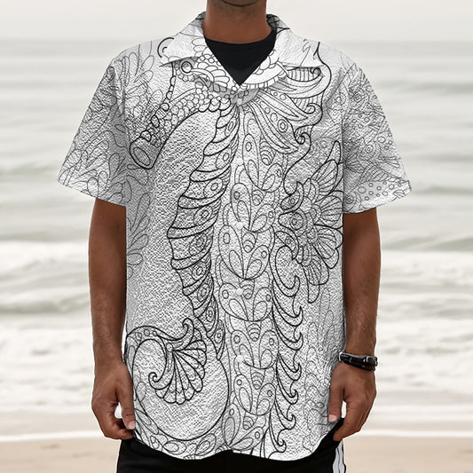 Black And White Seahorse Print Textured Short Sleeve Shirt