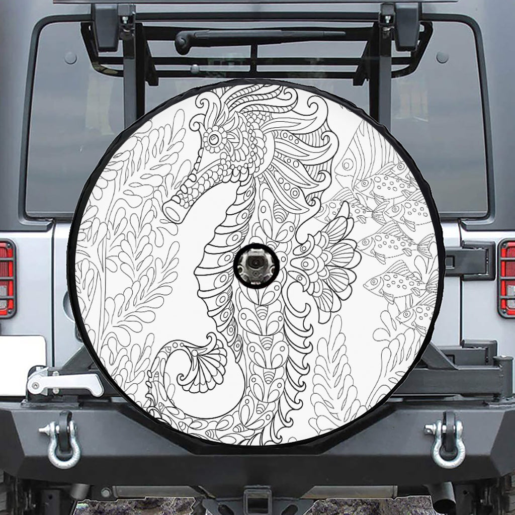 Black And White Seahorse Print Tire Cover With Camera Hole