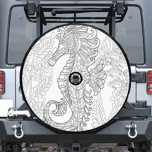 Black And White Seahorse Print Tire Cover With Camera Hole