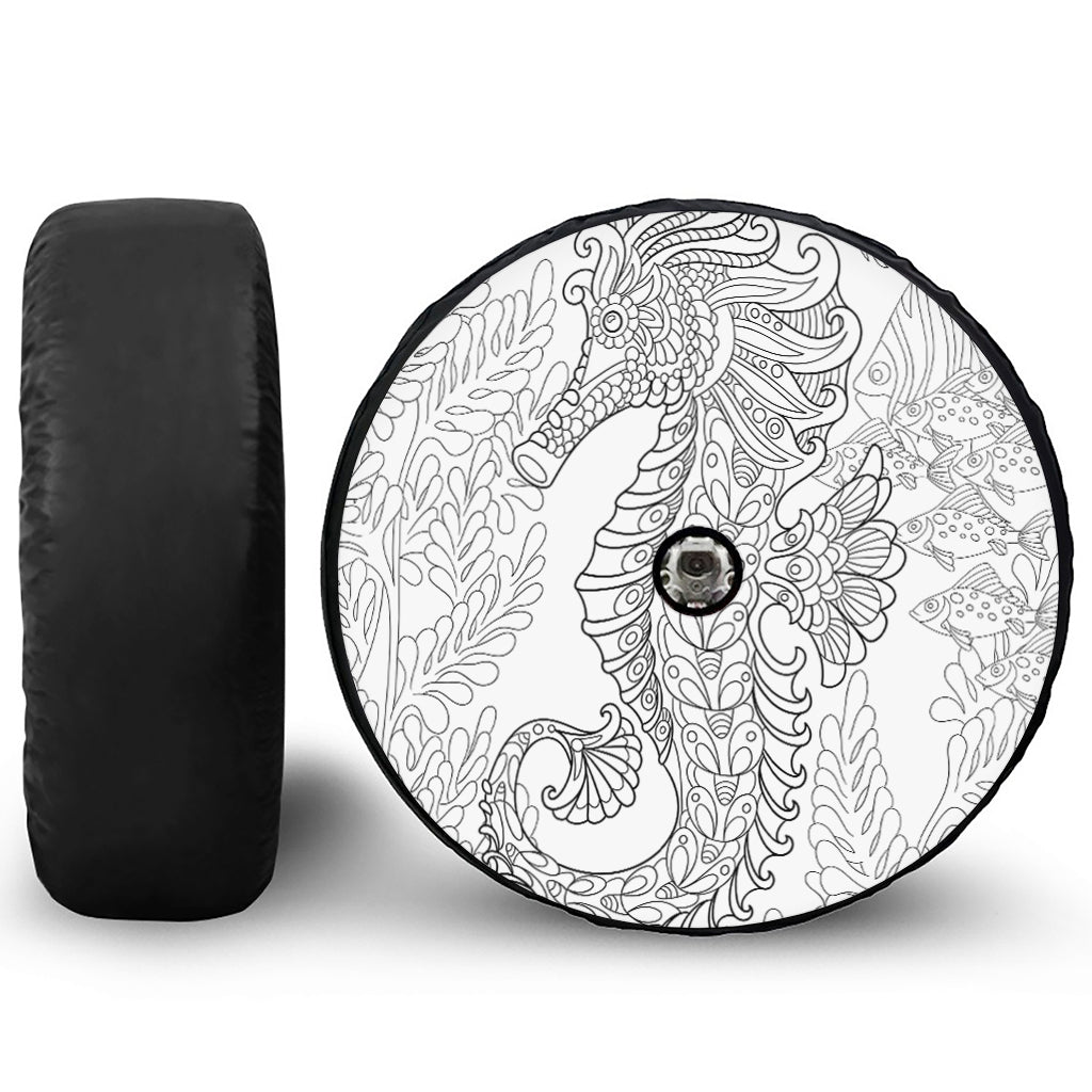 Black And White Seahorse Print Tire Cover With Camera Hole