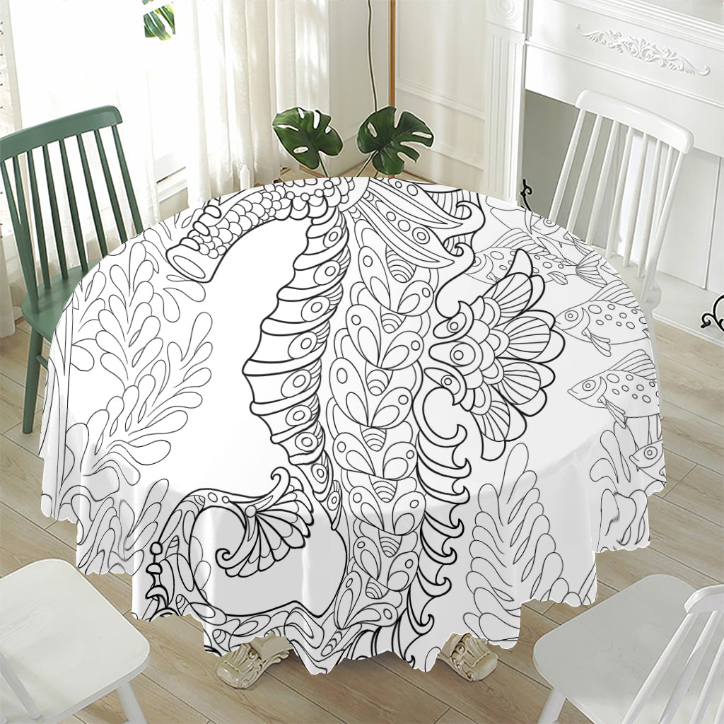 Black And White Seahorse Print Waterproof Round Tablecloth
