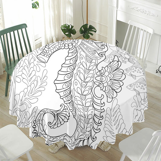 Black And White Seahorse Print Waterproof Round Tablecloth