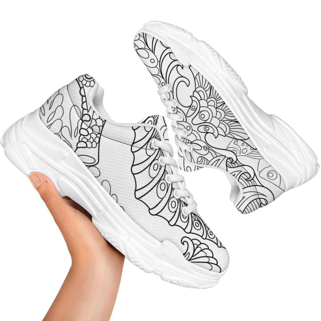 Black And White Seahorse Print White Chunky Shoes