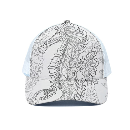 Black And White Seahorse Print White Mesh Trucker Cap