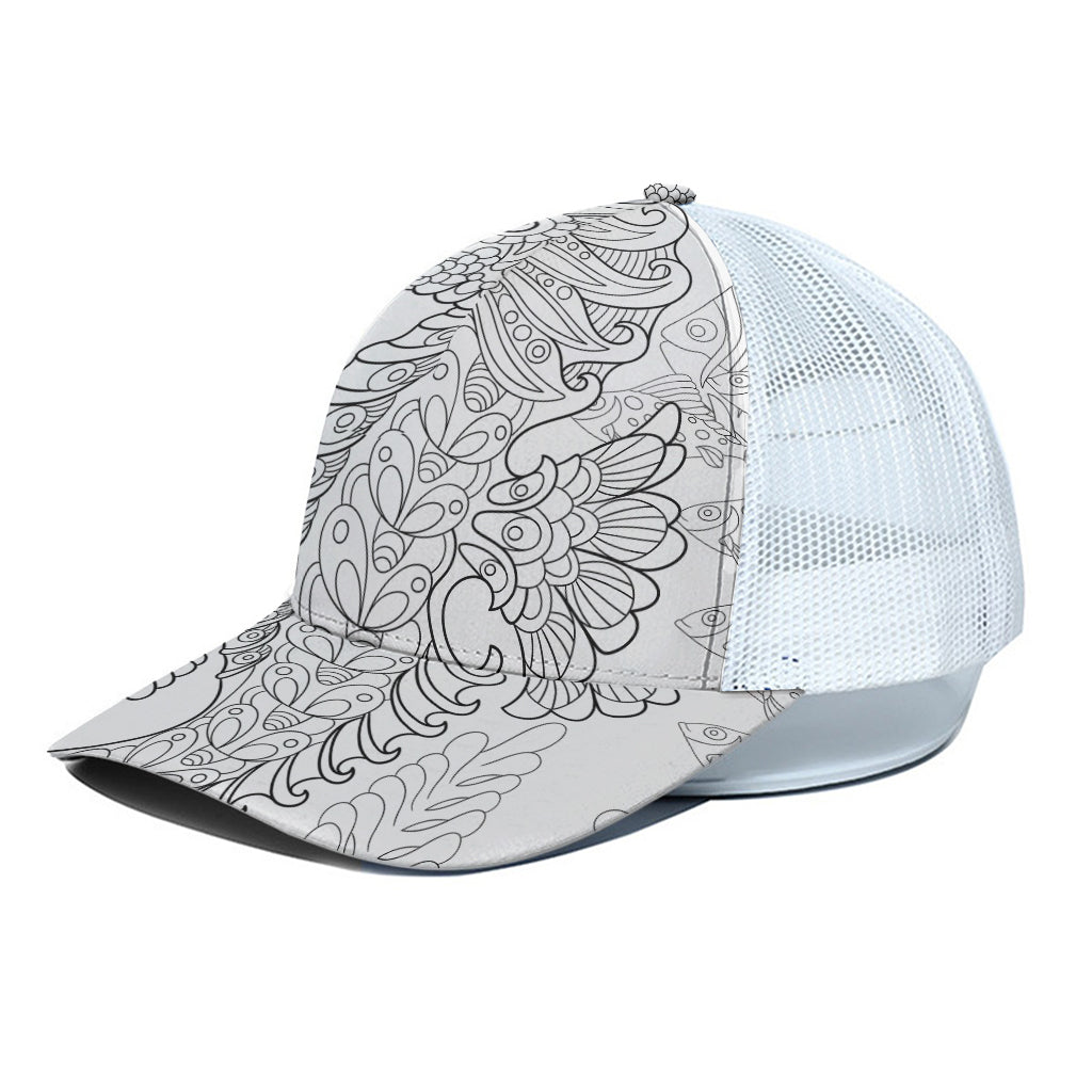 Black And White Seahorse Print White Mesh Trucker Cap