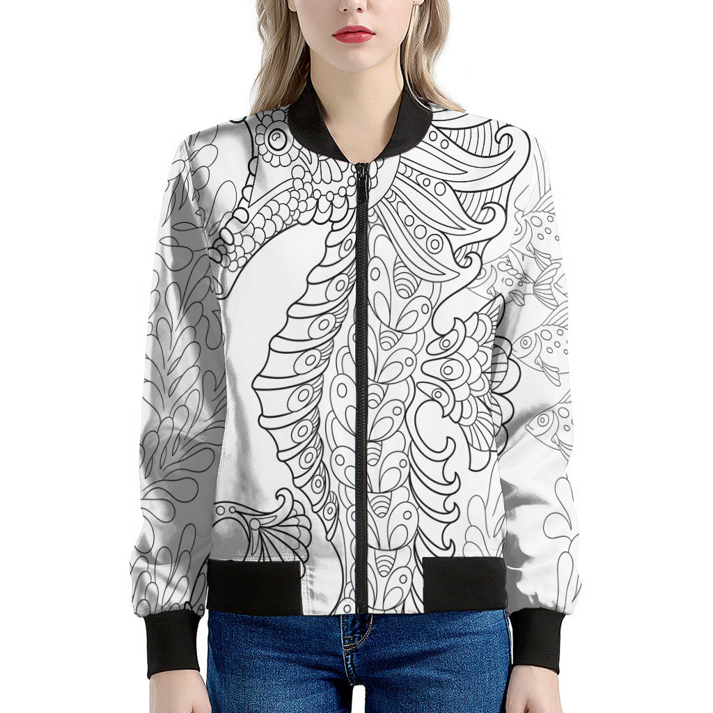 Black And White Seahorse Print Women's Bomber Jacket