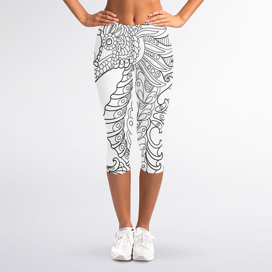Black And White Seahorse Print Women's Capri Leggings