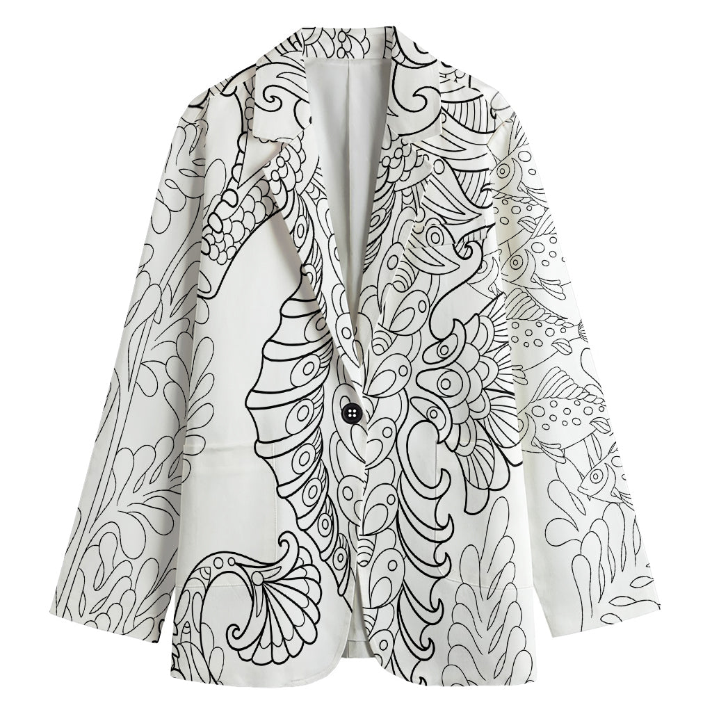 Black And White Seahorse Print Women's Cotton Blazer