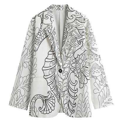 Black And White Seahorse Print Women's Cotton Blazer