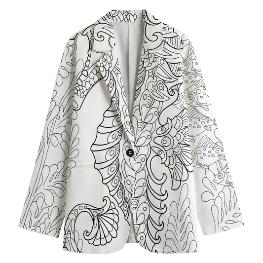 Black And White Seahorse Print Women's Cotton Blazer