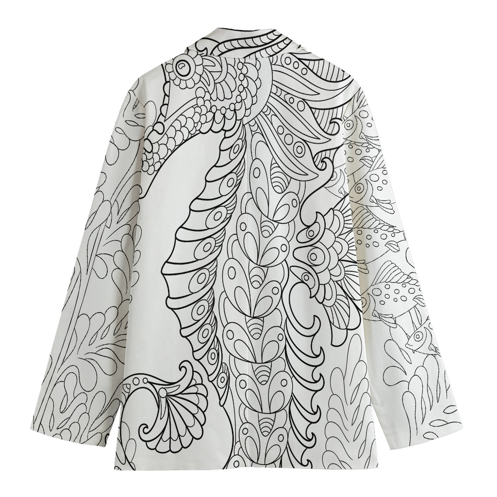 Black And White Seahorse Print Women's Cotton Blazer
