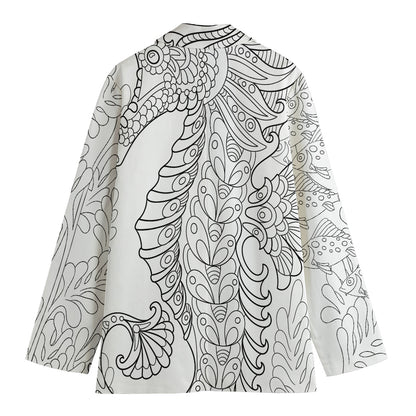 Black And White Seahorse Print Women's Cotton Blazer