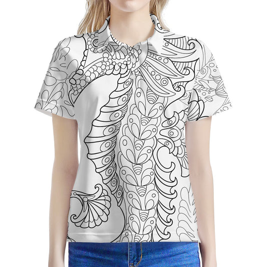 Black And White Seahorse Print Women's Polo Shirt