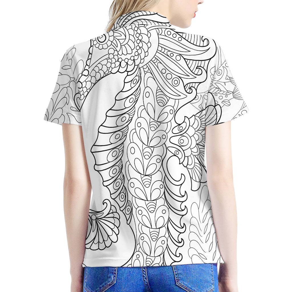 Black And White Seahorse Print Women's Polo Shirt