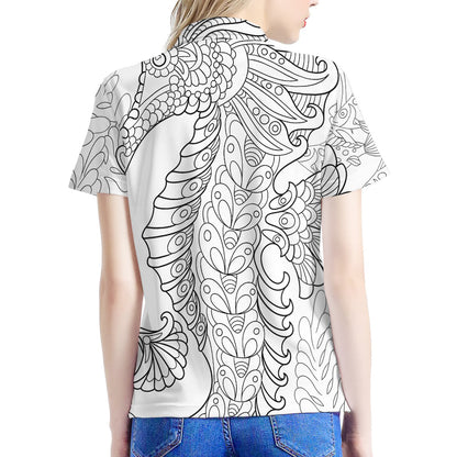 Black And White Seahorse Print Women's Polo Shirt