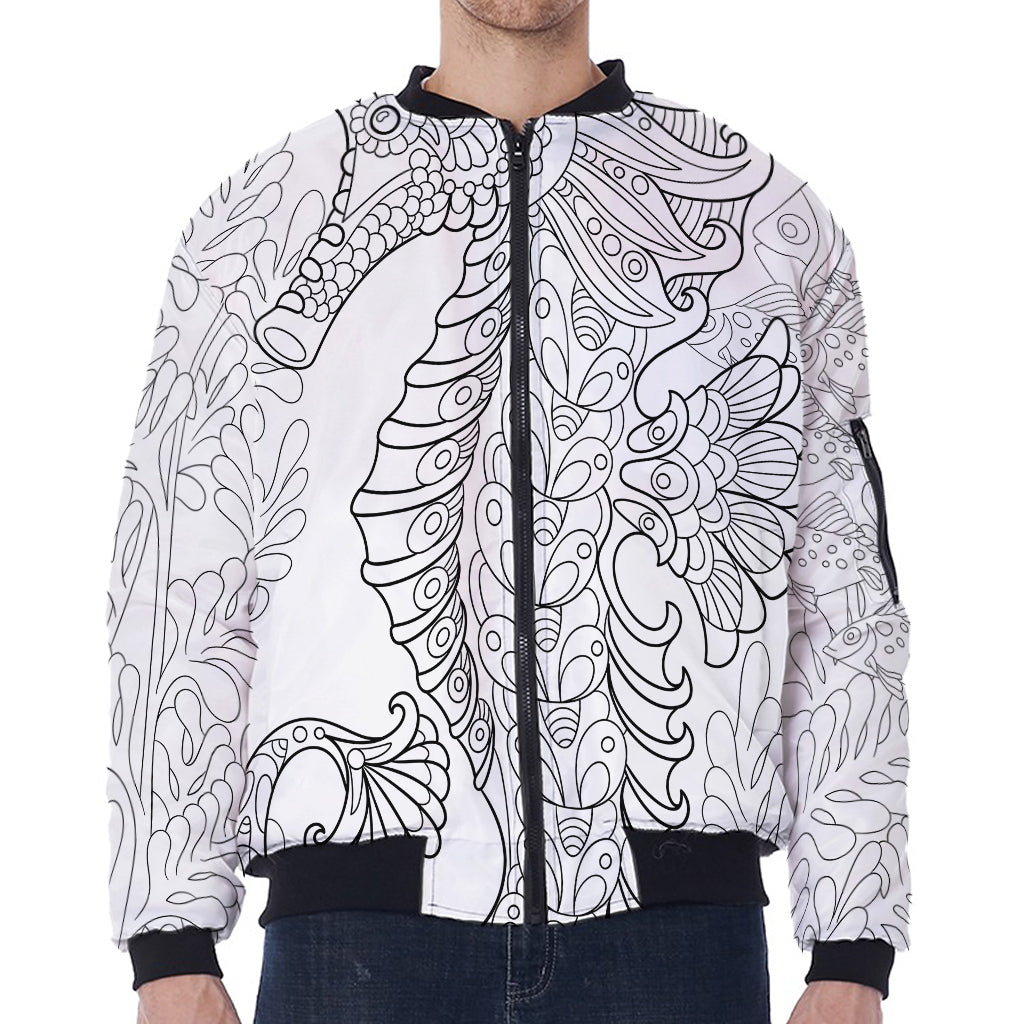 Black And White Seahorse Print Zip Sleeve Bomber Jacket