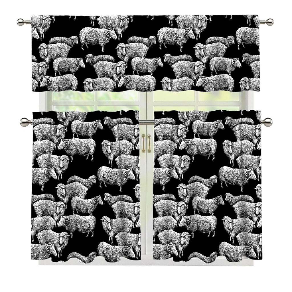 Black And White Sheep Pattern Print 3 Piece Kitchen Curtains