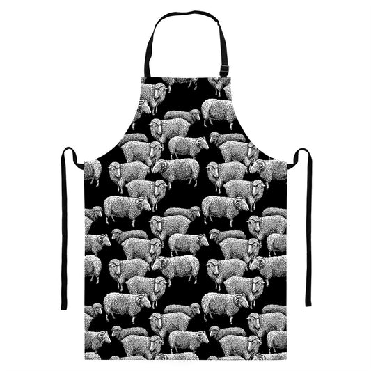 Black And White Sheep Pattern Print Bib Apron With Pocket