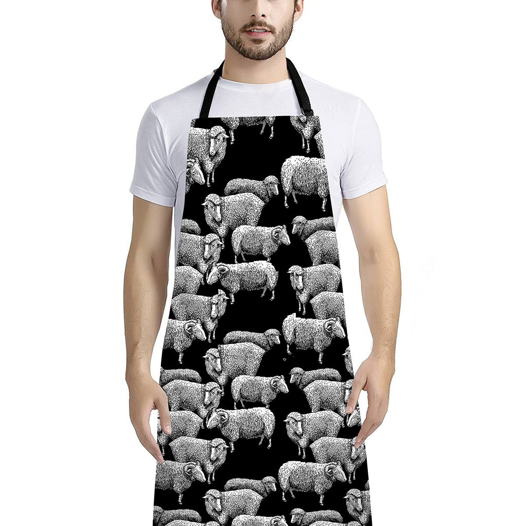 Black And White Sheep Pattern Print Bib Apron With Pocket