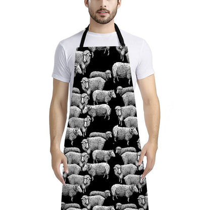 Black And White Sheep Pattern Print Bib Apron With Pocket
