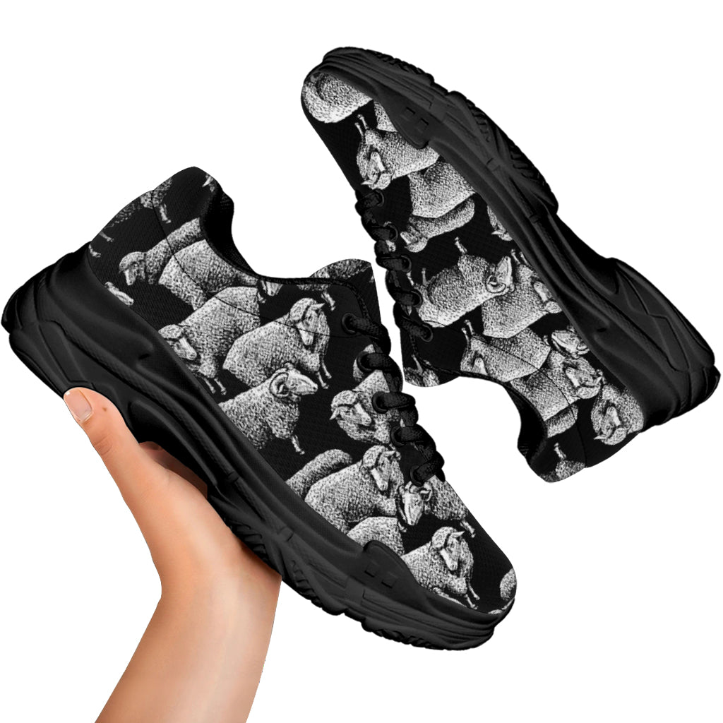 Black And White Sheep Pattern Print Black Chunky Shoes