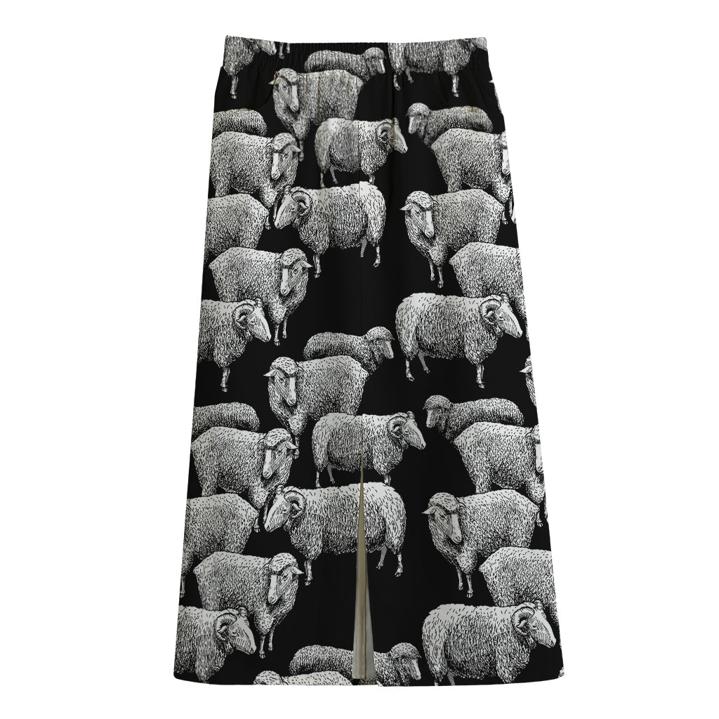 Black And White Sheep Pattern Print Cotton Front Slit Maxi Skirt