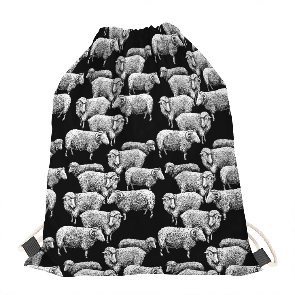 Black And White Sheep Pattern Print Drawstring Bag